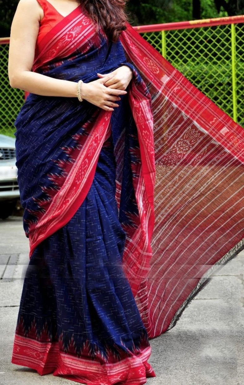 Blue color buti pattern Sambalpuri pata saree, with blouse piece.