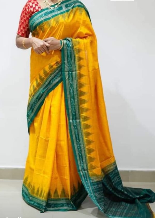 Yellow sambalpuri cotton saree with green border and anchal - Image 2