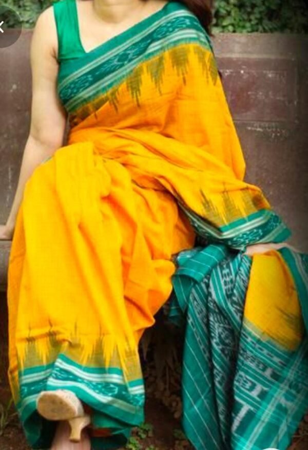 Yellow sambalpuri cotton saree with green border and anchal