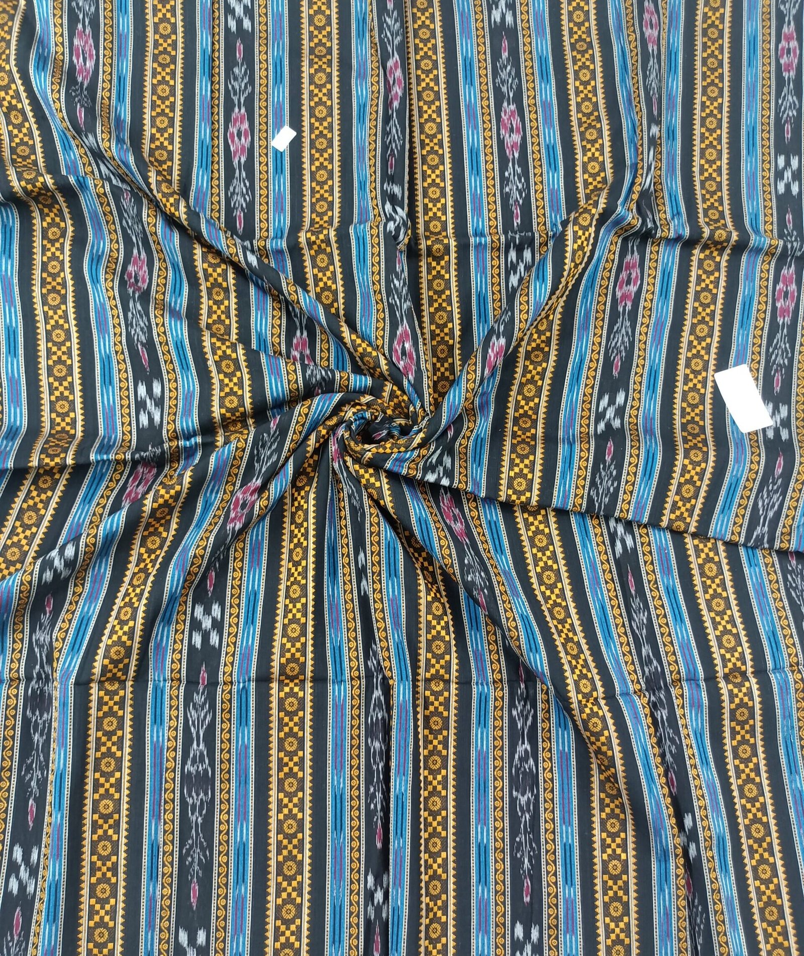 Blue sambalpuri cotton fabric with vertical bomkei pattern - OdishaWeaves
