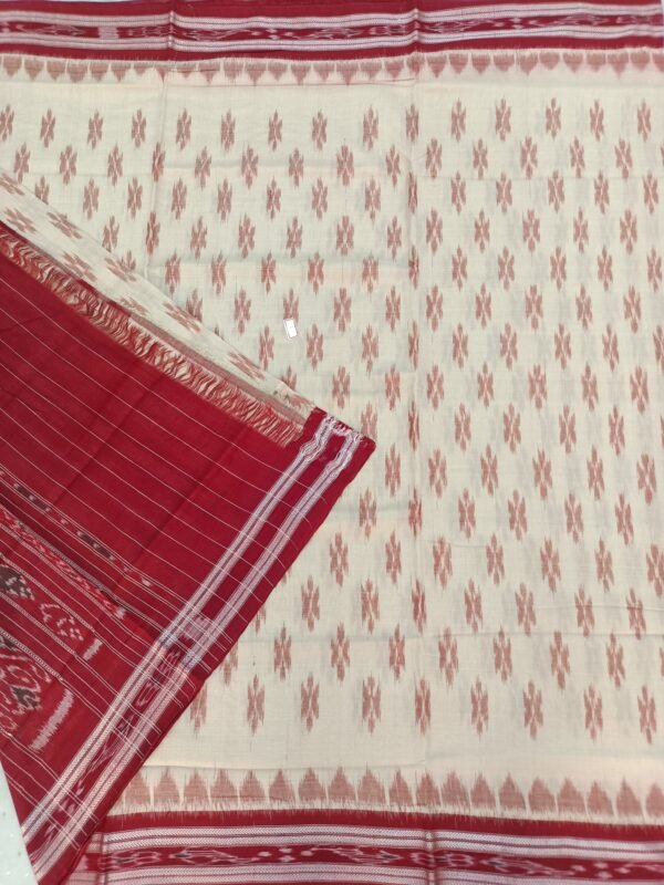 Offwhite sambalpuri cotton saree with maroon border and temples - Image 6