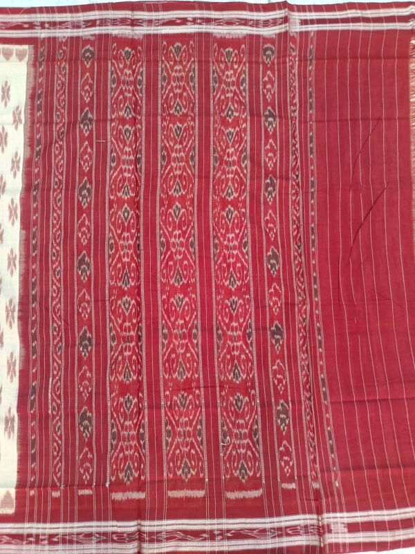 Offwhite sambalpuri cotton saree with maroon border and temples - Image 5