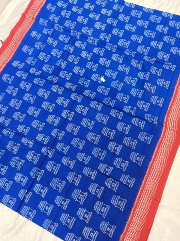 Blue sambalpuri cotton saree with red check border and anchal - Image 8