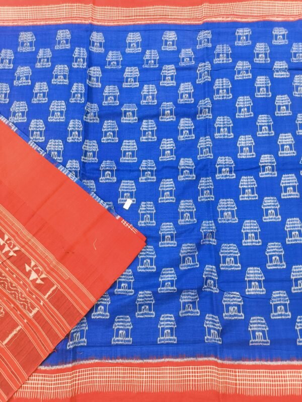 Blue sambalpuri cotton saree with red check border and anchal - Image 6