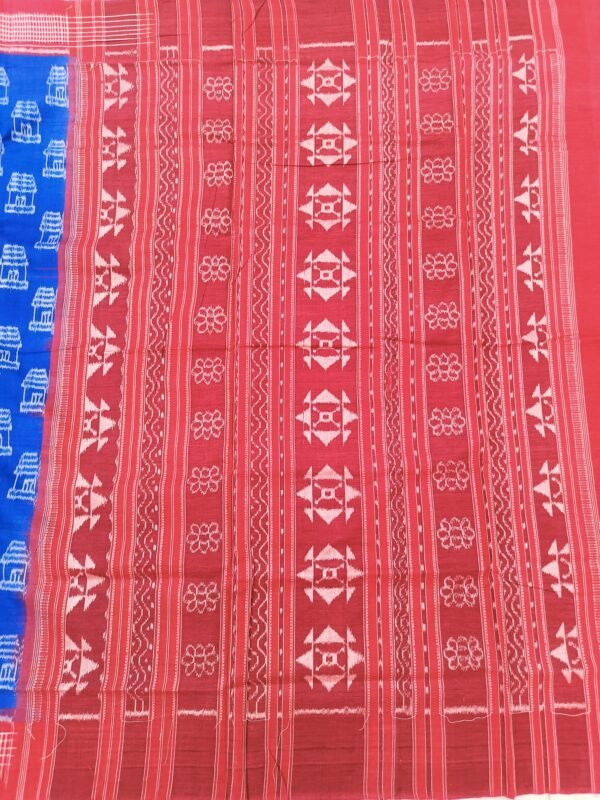 Blue sambalpuri cotton saree with red check border and anchal - Image 5