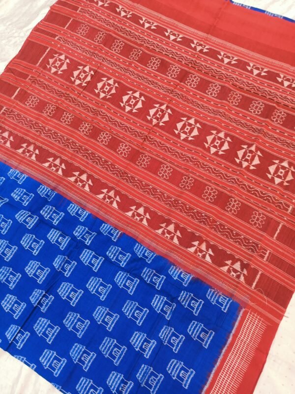 Blue sambalpuri cotton saree with red check border and anchal - Image 3