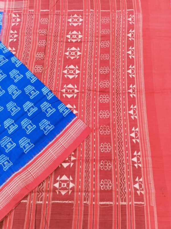 Blue sambalpuri cotton saree with red check border and anchal - Image 2