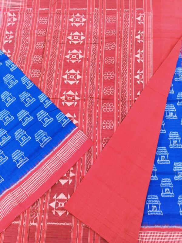 Blue sambalpuri cotton saree with red check border and anchal - Image 10