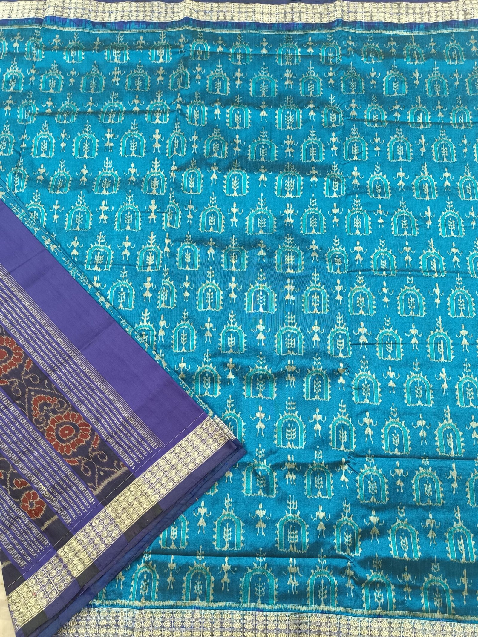 Blue sambalpuri silk saree with temple design - OdishaWeaves