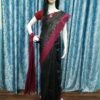 Black ghicha tussar silk saree with pink border and anchal - Image 6