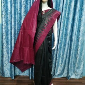 Black ghicha tussar silk saree with pink border and anchal - Image 2