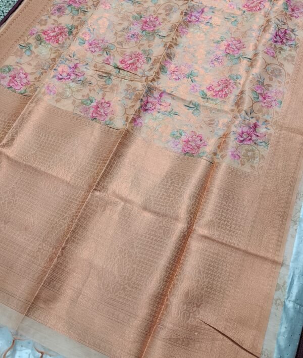 Brown flower pattern art silk saree with blouse - Image 5