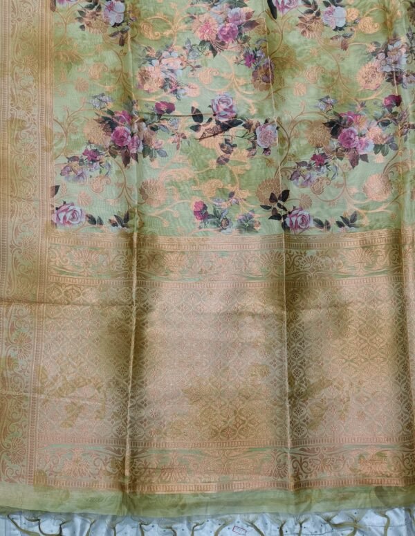 Green flower pattern art silk saree with blouse - Image 6