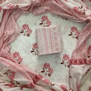 White and pink hand block print dress material
