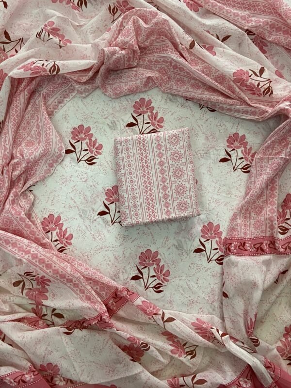 White and pink hand block print dress material