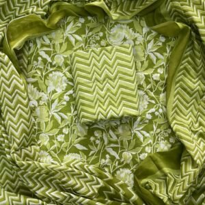 Green flower pattern hand block print dress material