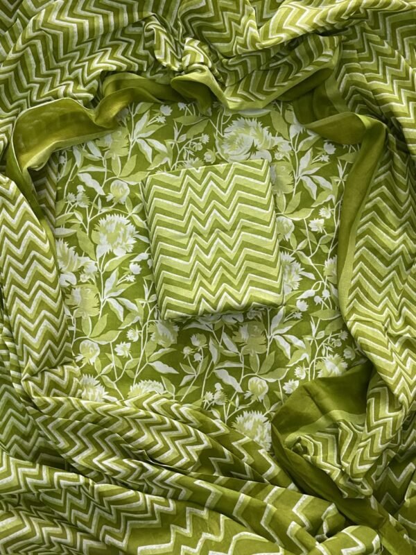 Green flower pattern hand block print dress material