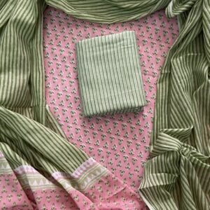 Pink and green hand block print dress material