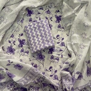 White and purple flower pattern hand block print  dress material