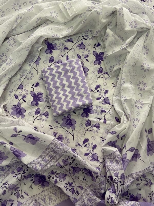 White and purple flower pattern hand block print  dress material