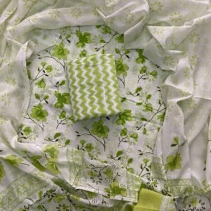 white and green flower pattern hand block print dress material