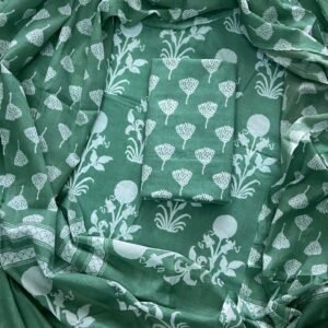 Green flower pattern hand block print dress material