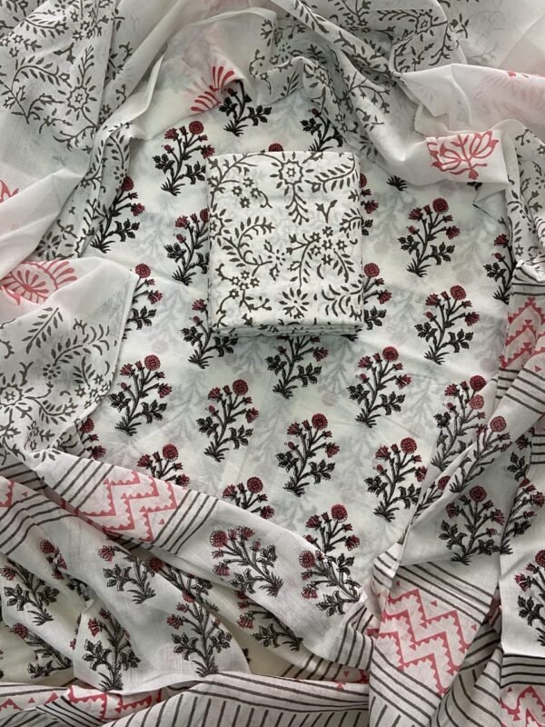 White flower pattern hand block print  dress material