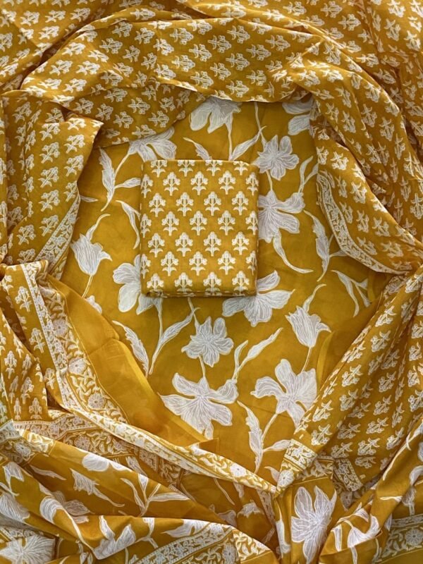 Yellow hand block print dress material