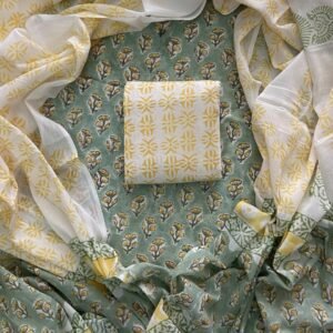 Green flower pattern hand block print dress material