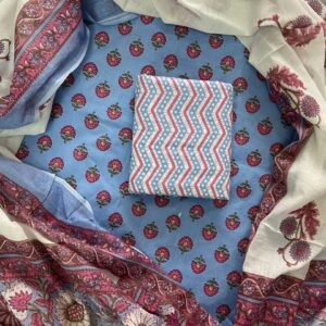 Blue flower pattern hand block print dress material