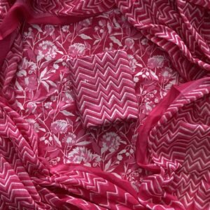 Pink flower pattern hand block print  dress material