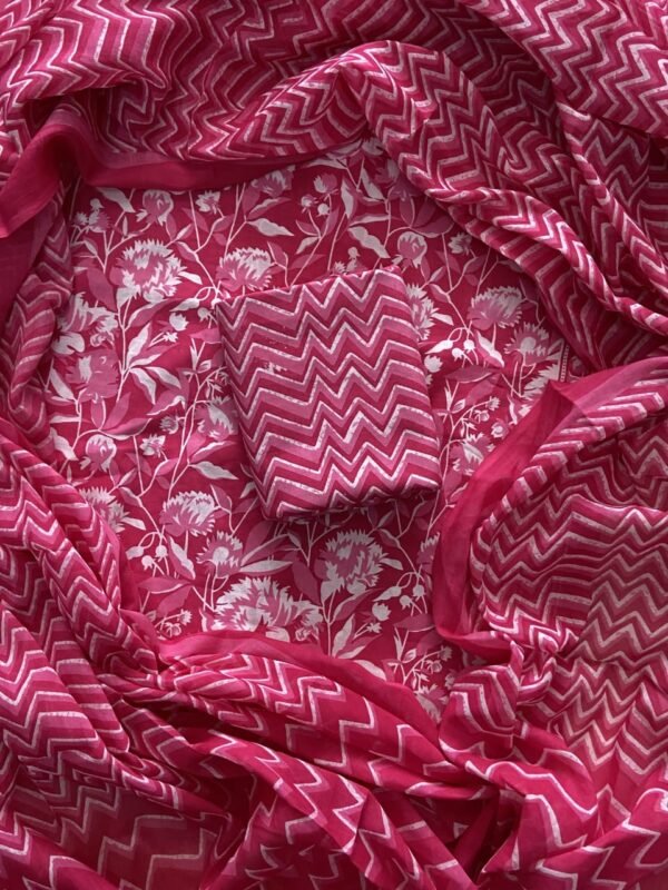 Pink flower pattern hand block print  dress material