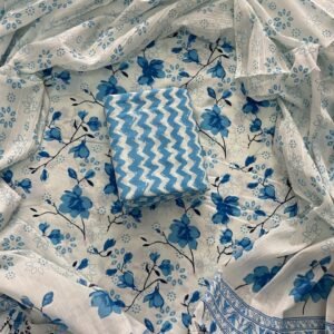 White and sky hand block print dress material