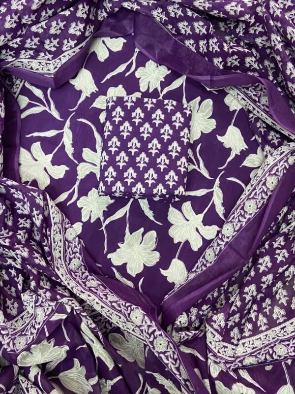 Purple flower pattern hand block print dress material