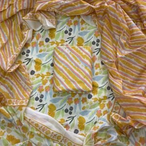 White and yellow hand block print dress material