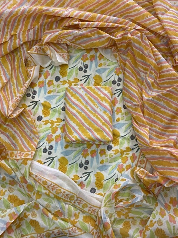 White and yellow hand block print dress material