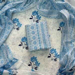 White flower pattern hand block print dress material