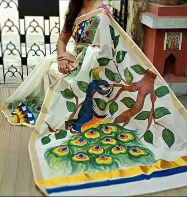 Off white peacock pattern kerela saree with blouse