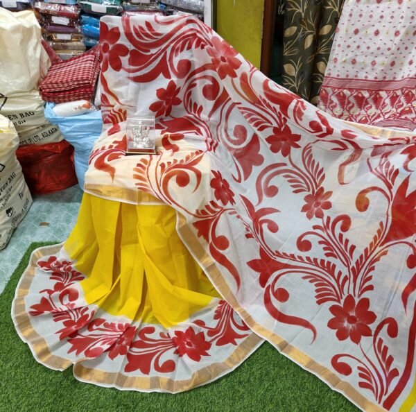 Yellow and red kerela cotton saree with blouse