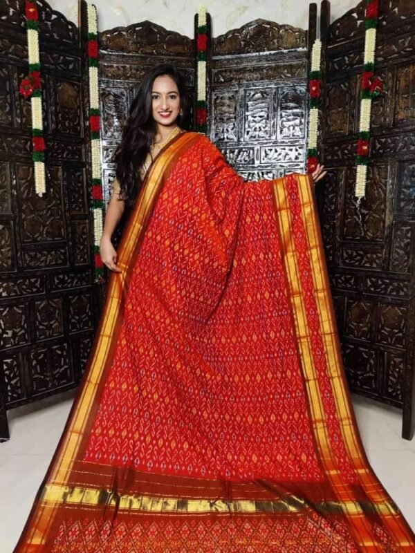 Gas mercerised ikkat designs red and brown cotton saree with blouse