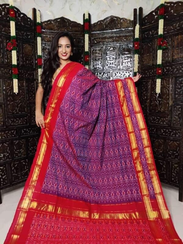 Gas mercerised ikkat designs purple and red cotton saree with blouse