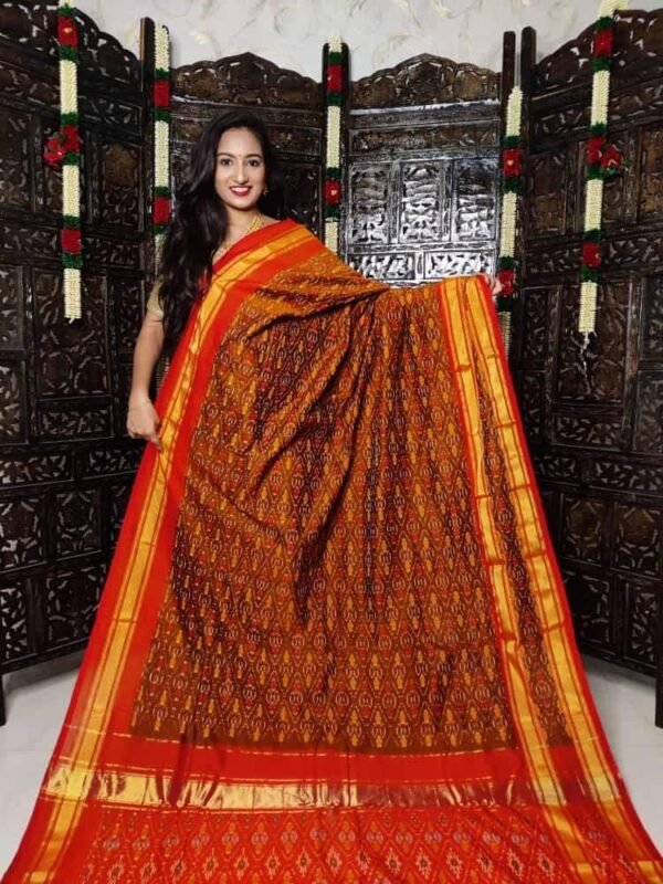 Gas mercerised ikkat designs brown and red cotton saree with blouse