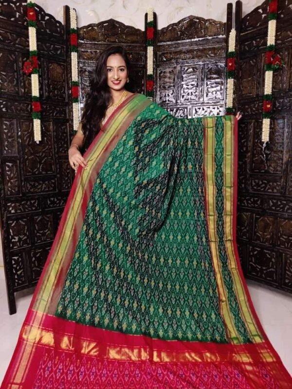 Gas mercerised ikkat designs green and red cotton saree with blouse