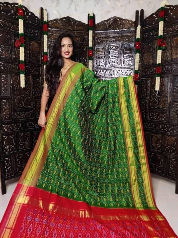 Gas mercerised ikkat designs green and red cotton saree with blouse