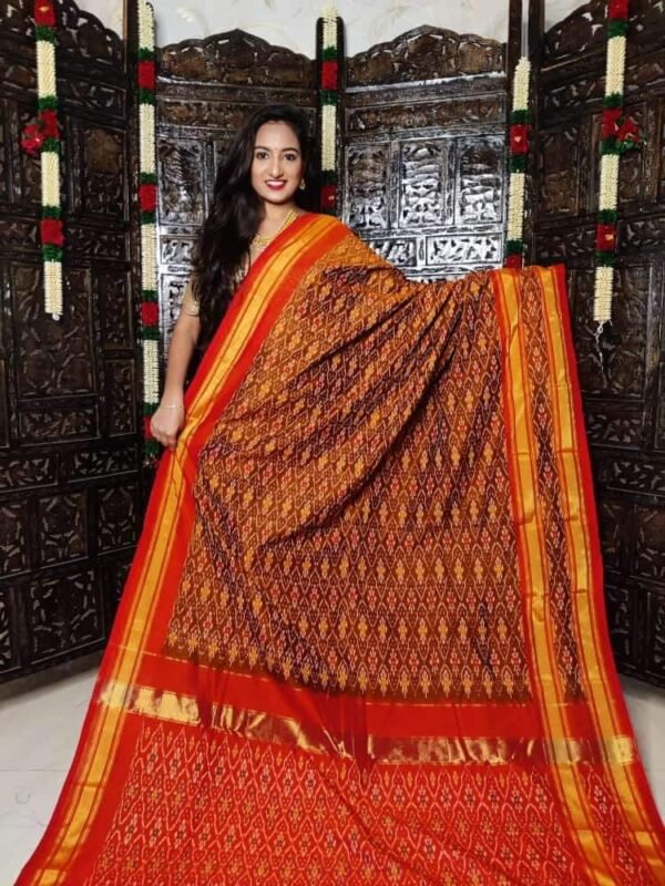 Gas mercerised ikkat designs brown and orange cotton saree with blouse