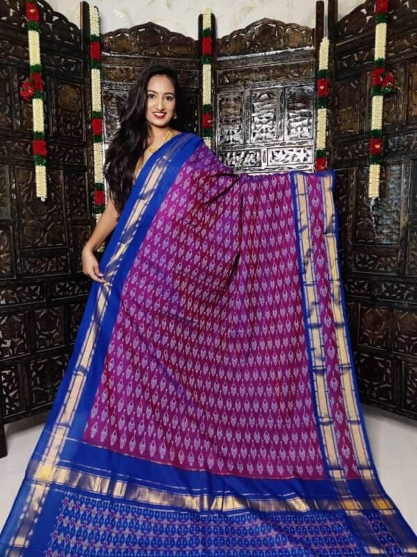 Gas mercerised ikkat designs purple and blue cotton saree with blouse