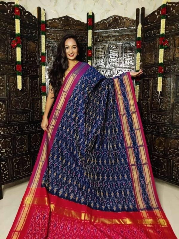 Gas mercerised ikkat designs blue and red cotton saree with blouse