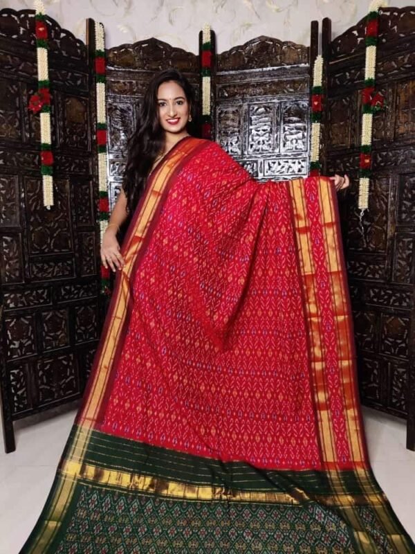 Gas mercerised ikkat designs red and black cotton saree with blouse