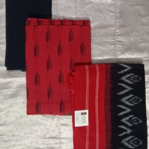 Red and black double ikkat cotton dress material