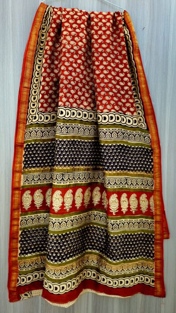 Red maheswari silk saree with zari border